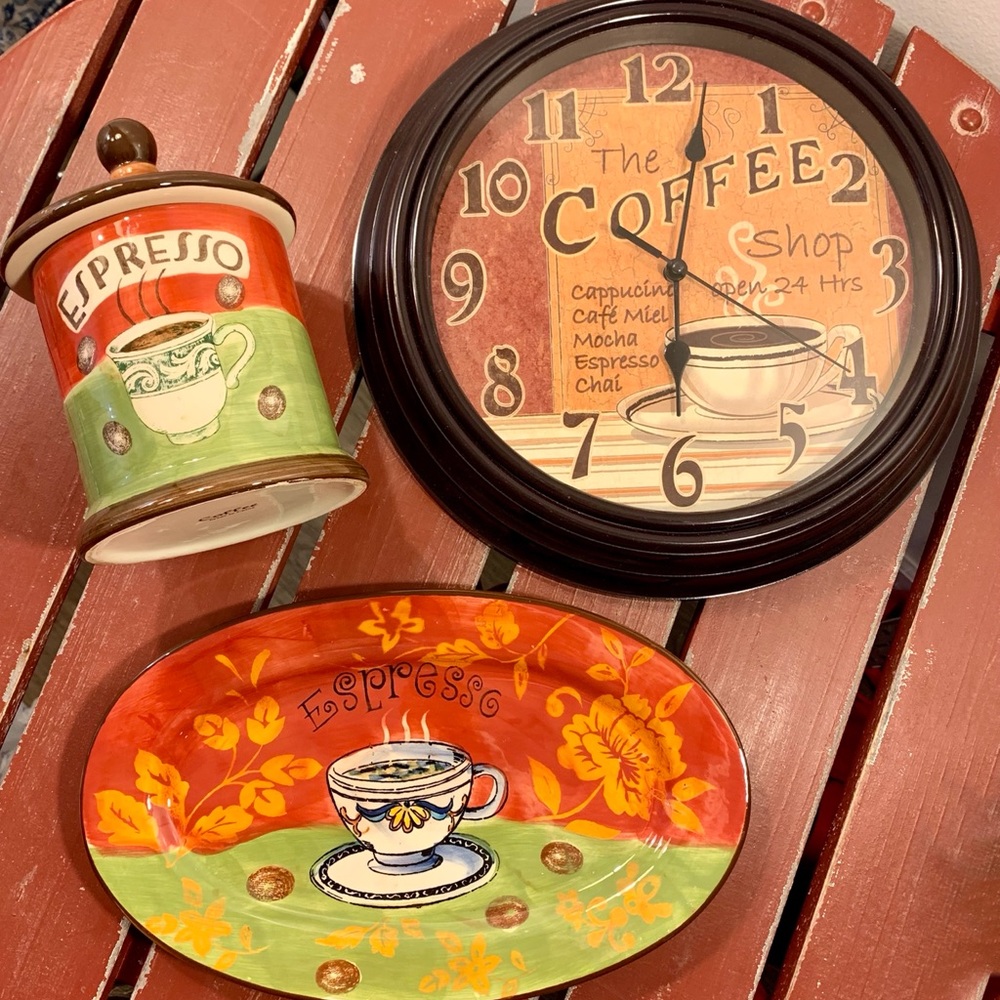 Coffee themed bundle. Canister, Plater and Clock